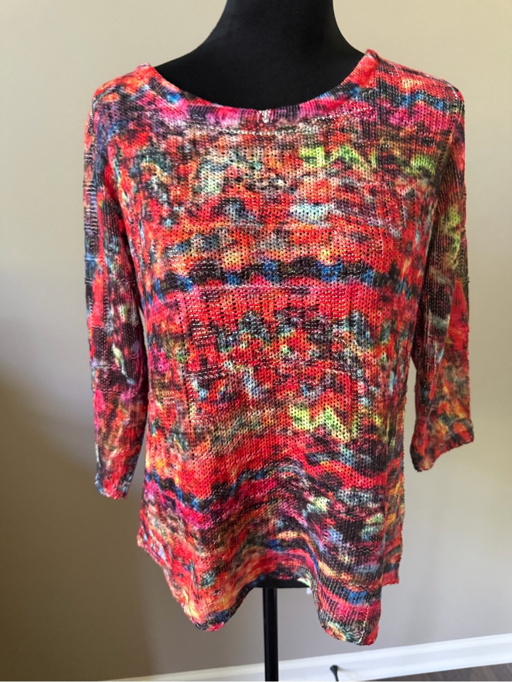 Peck & Peck Bright Multicolor Knit Sweater - Red Pattern Large 3/4 Sleeves
